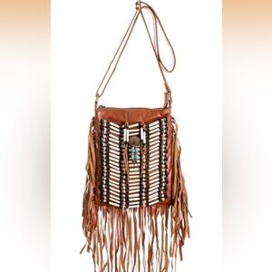 Southwest Native Tribal Boho Fringe Bead Tan Cognac Leather Crossbody Purse Bag